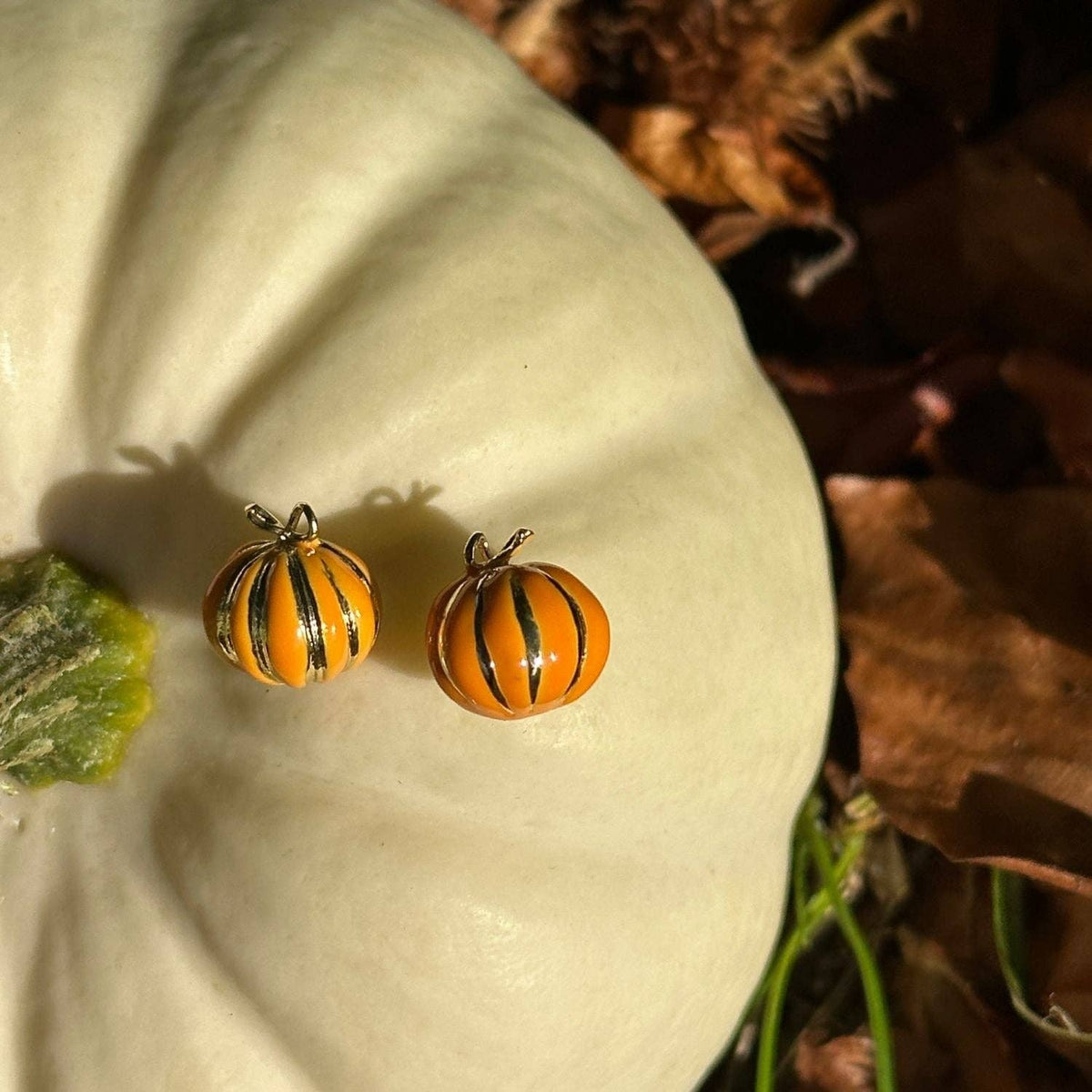 A pair of small orange and black striped pumpkin-shaped earrings resting on the surface of a white pumpkin, with autumn leaves in the background.