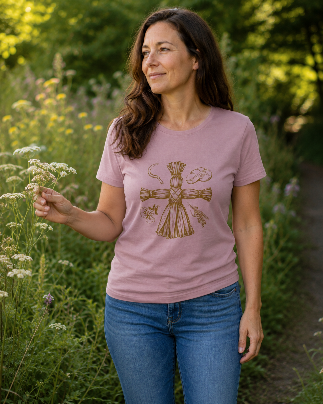 Women’s First Harvest Lughnasadh Crew neck T-Shirt – Brown Print
