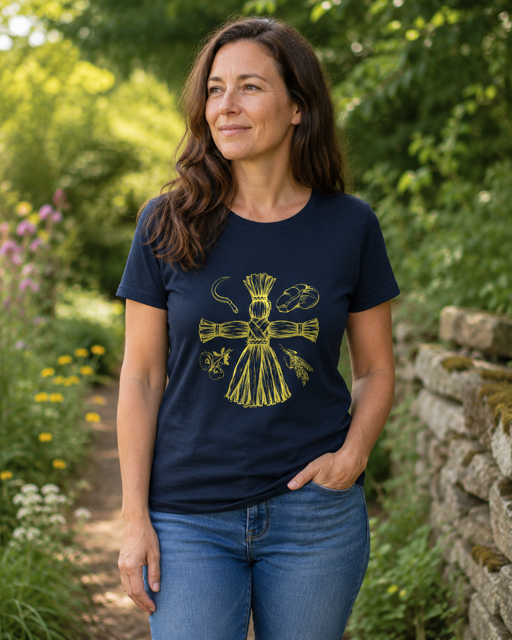 Women’s First Harvest Lughnasadh crew neck T-Shirt – Yellow Print