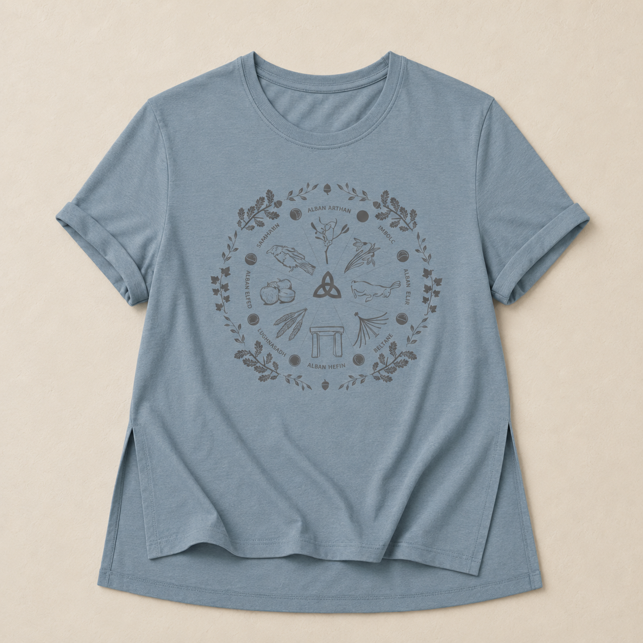 Women's 'Wheel of the Year' Relaxed Fit T-Shirt in grey print