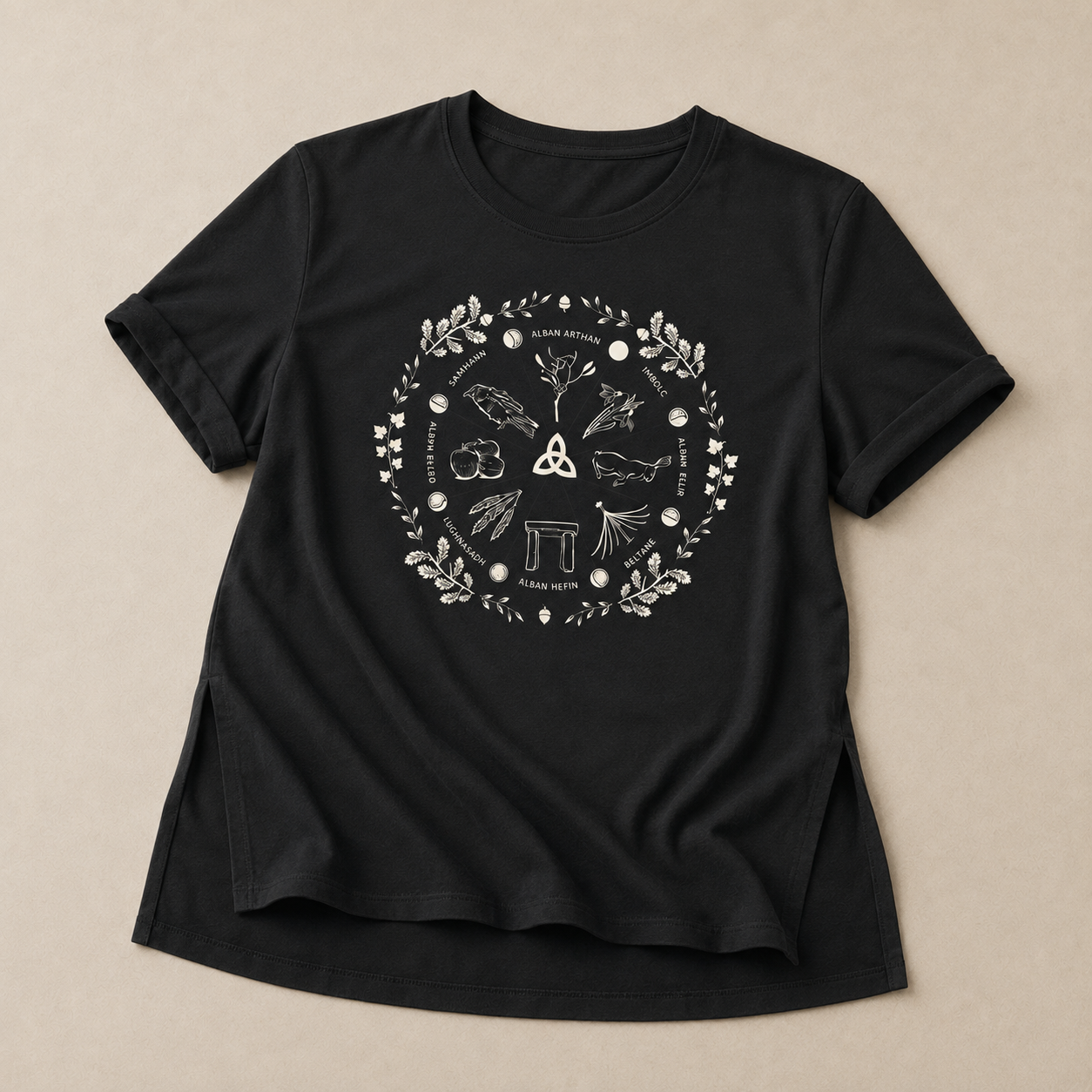 Women’s ‘Wheel of the Year’ Relaxed Fit T-Shirt with Cream Print