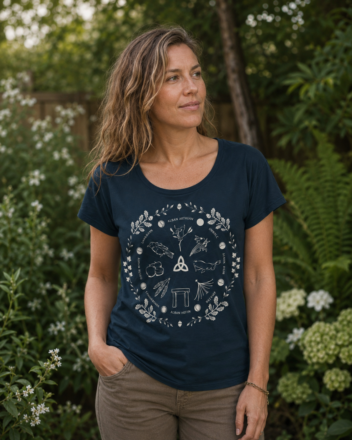 Women's Wheel of the Year Scoop Neck T-Shirt in cream print