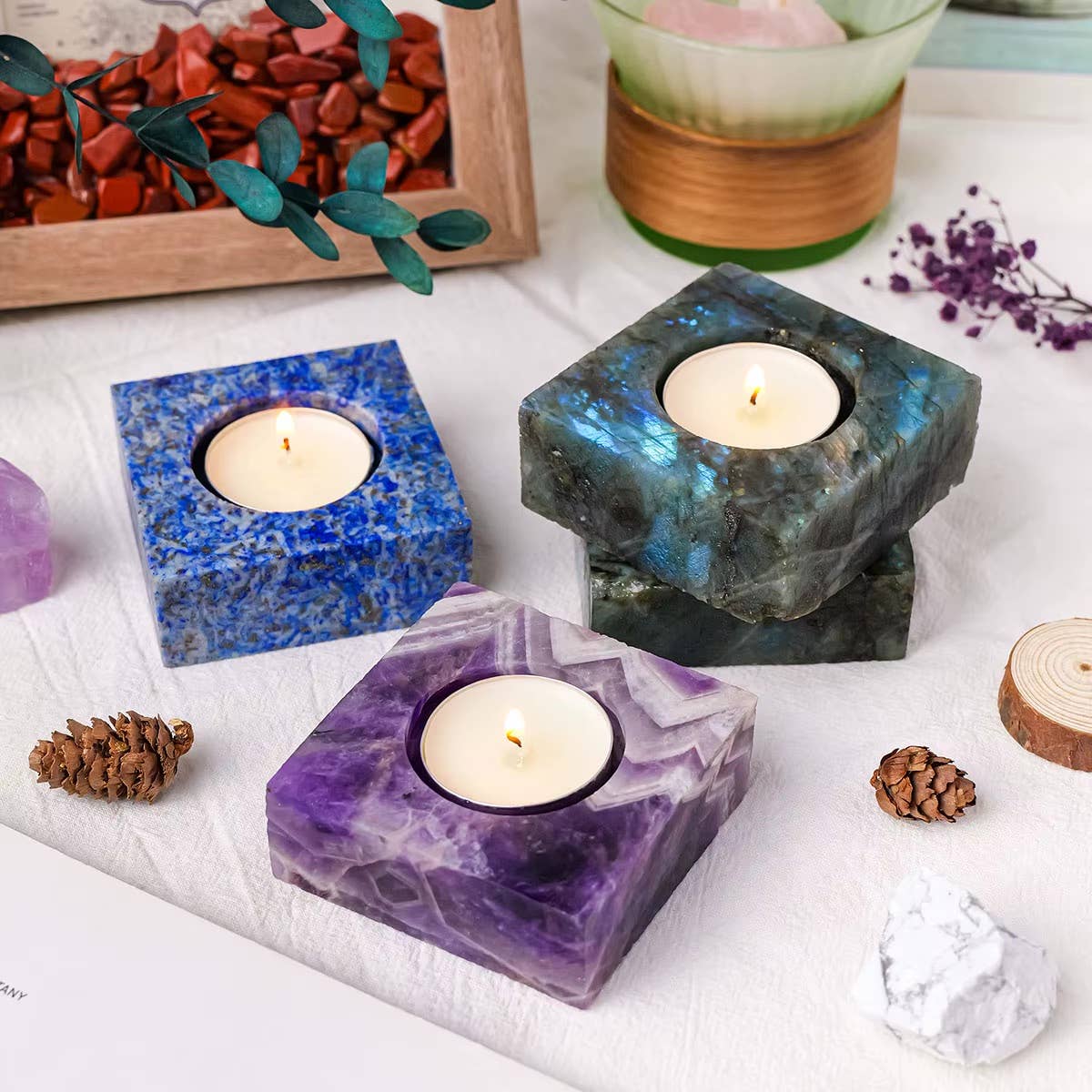 Square Crystal Raw Stone Candle Holder