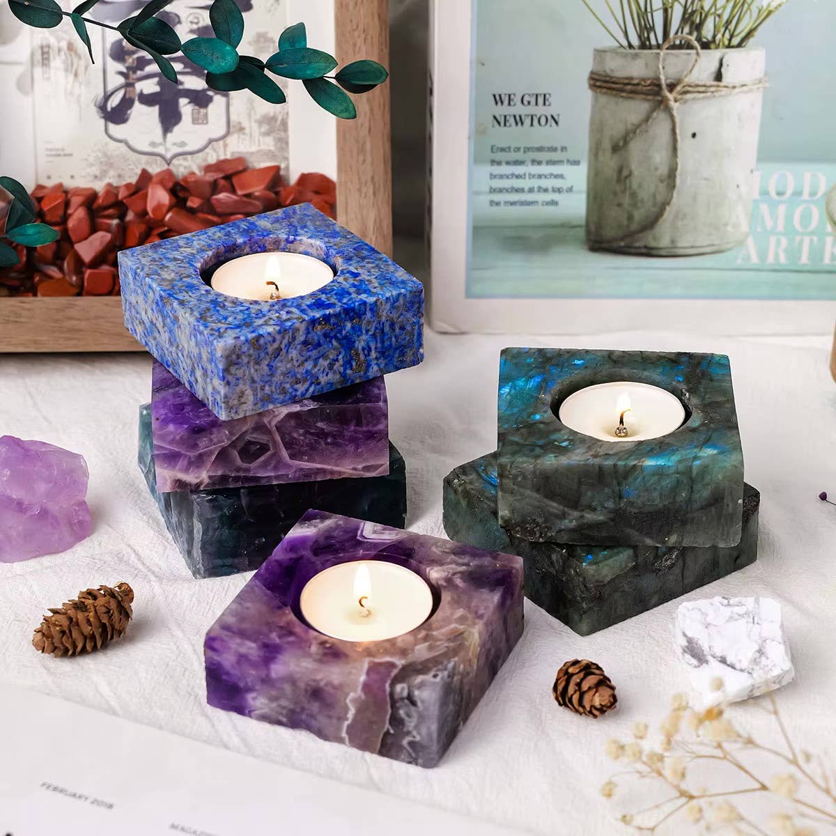 Square Crystal Raw Stone Candle Holder