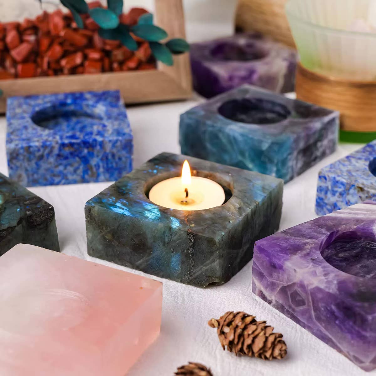 Square Crystal Raw Stone Candle Holder